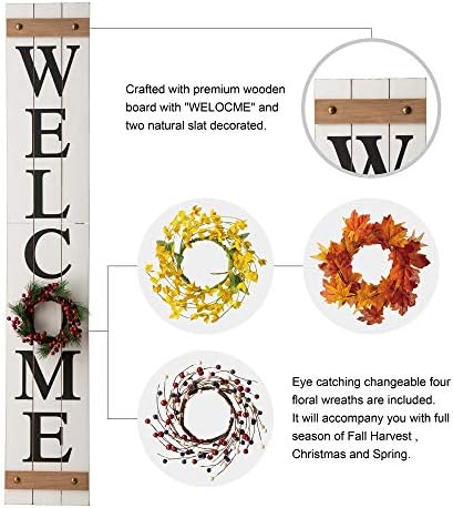 Glitzhome 60”H Welcome Sign with 4 Interchangeable Floral Wreaths for Front Door Porch Farmhouse Wooden Hanging Wall Sign for Seasons Spring Fall Harvest Thanksgiving Christmas - Image 3