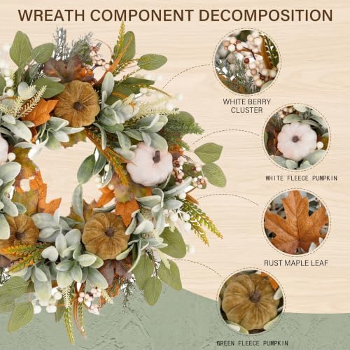 22 inch Fall Wreaths for Front Door, with Artificial Eucalyptus 5 Large Velvet Pumpkin Porch for Home Autumn Thanksgiving Farmhouse Holiday Outdoor Decor - Image 2