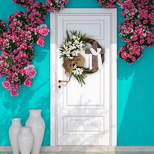 Easter Cross Wreath with Burlap Bow, Easter Door Wreath with Burlap Bow Swag Bowknot Rustic Farmhouse Spring Lily Wreath Easter Decorations for Hanging Door Decor (23IN Num.04) - Image 2