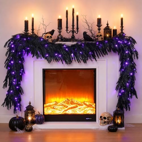 N&T NIETING 9FT Black Halloween Pre-Lit Garland with 70 LED Lights Real Touch Artificial Norfolk Pine Garlands for Table Fireplace Holiday Indoor Outdoor Halloween Decorations (1 Pcs) by NTNIETING