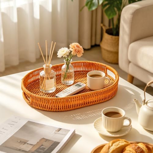 3pcs Woven Baskets Serving Trays, Poly Wicker Bread Basket Oval Tray for Fruit, Breakfast, Drinks, Entryway Table Storage Basket, Dining Coffee Table Centerpiece Decor (3, Light Color) - Image 4