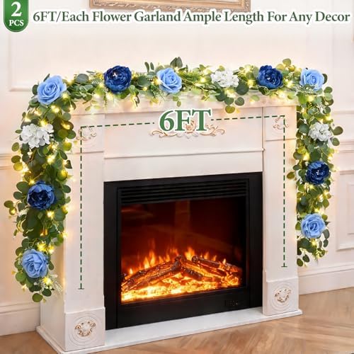 Livole 2Pcs 12 Ft Flower Garland with Light, Blue Peony Floral Garland - Image 4