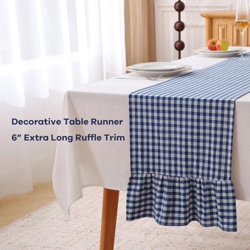 Navy Blue White Plaid Gingham Ruffle Table Runner Cabinet Cover 13"x108" - Image 3