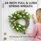 Spring Summer Wreath for Front Door, 24 Inch Artificial Tulip Wreath with Pink White Lavender and Eucalyptus Greenery for Indoor Outdoor Home Farmhouse Wall Decor - Image 2