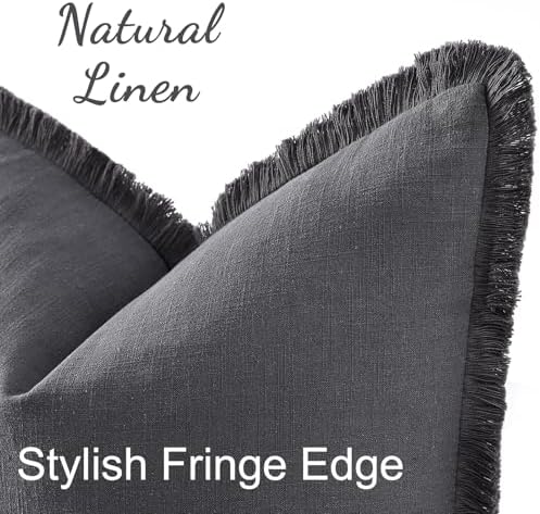 decorUhome Linen Fringe Dark Grey Throw Pillow Covers 24x24 Set of 2 - Image 2