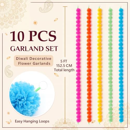 XunYee 10 Pcs 5 ft Marigold Garland for Decoration Long Strands, 5 Colors - Image 2