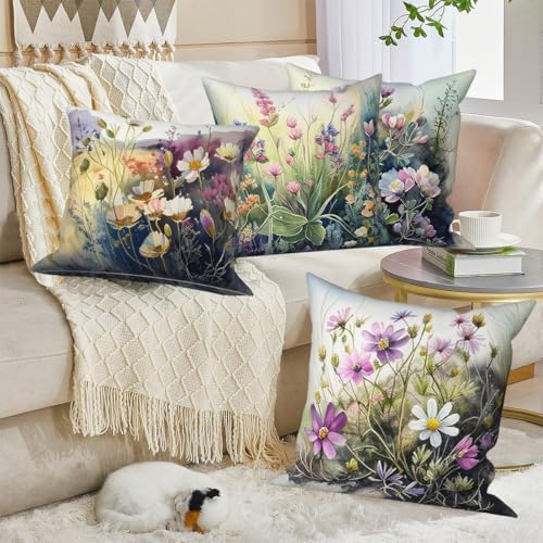 4 Pcs/Set Flowers Pillow Covers Spring Summer Colorful Floral Green Leaves Gradient Color Plants Minimalist Natural Scenery Linen Cushion Case for Couch Sofa Bedroom, 22"x22" - Image 3