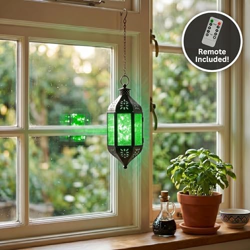 Vela Lanterns Hanging Moroccan Lantern with LED Twinkle Fairy Lights - Exotic Decorative Patio & Porch Decor, Indoor Outdoor Candle Lamp Holder with Chain (13" Large, Color Changing) - Image 5