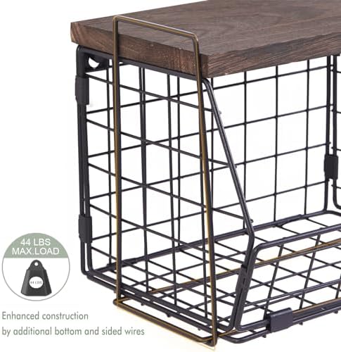 Wall Hanging Baskets 2 Pack Wooden Top Floating Wire Shelves (Large) - Image 3