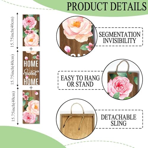 Pink Rose Home Sweet Home Wooden Board 8x48inch Spring Flower Welcome Sign and Porch Leaner Summer Decoration for Front Door Yard Deck Patio Farmhouse Vertical Decorations - Image 6