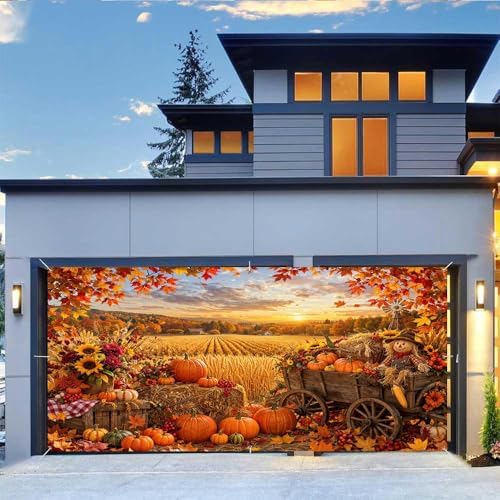 16X7Ft Fall Garage Door Banner, Autumn Pumpkin Scarecrow Harvest Leaves Backdrop Door Cover Fall Thanksgiving Wall Decorations Photo Background for Home Party Outdoor Yard Holiday by JAWO