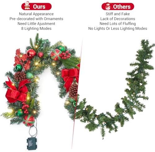 Garvee 6 Feet Christmas Garland with Lights for Mantle, Red Green - Image 5