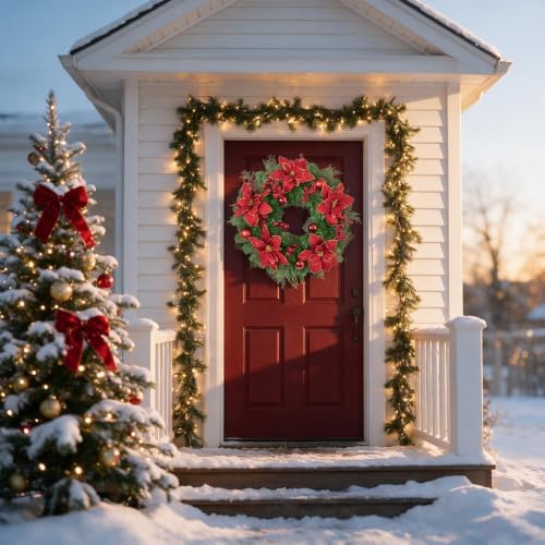 SHACOS Artificial Christmas Wreath 24" Poinsettia Flower Wreaths - Image 5