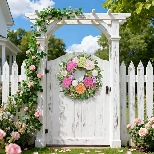 24 Inch Spring Summer Wreaths for Front Door: Realistic Silk Peonies & Hydrangeas with Berry Greenery, Faux Flower Wreath for All Seasons Indoor Outdoor Decor for Porch Wall Wedding Farmhouse Home - Image 5