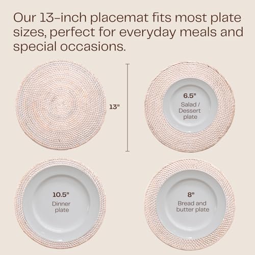 4-Pack Rattan Placemats - 13-inch Round Placemats (Whitewash) - Woven Place Mats, Round Table Mats - Wicker Chargers for Dinner Plates, Plate Chargers Boho - Image 4