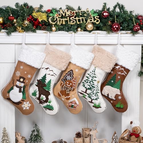 LUBOT 5 Pack Christmas Stockings Set of 5 Large Family Xmas Stocking Leather Embroidered 20" Modern Rustic Farmhouse Country Fireplace Hanging Holiday Decor by LUBOT