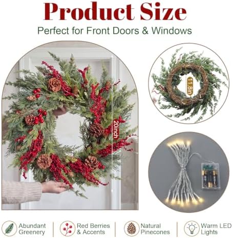 Yinder 20 Inch Christmas Wreath with LED Lights Red Berry Pinecones - Image 2
