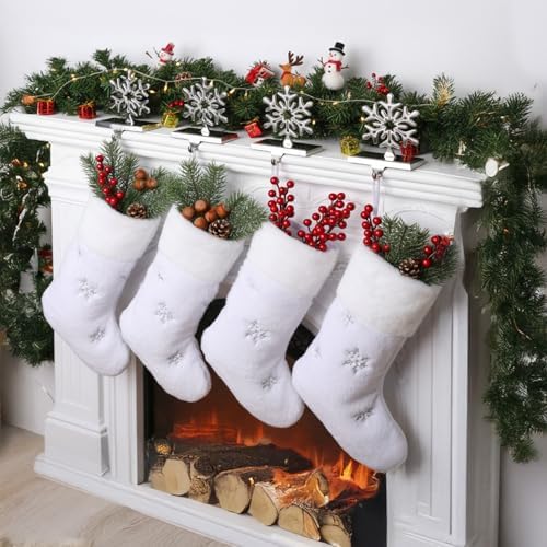 Funnymoom 8 Pcs Christmas Stockings with Holder Set Includes 4 Faux Fur Stocking Ornaments 4 Mantle Snowflake Stocking Hangers Hooks for Xmas Family Party Decoration (White/Silver) - Image 5