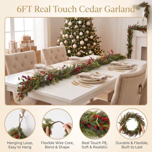 6FT Norfolk Pine Christmas Garland with Eucalyptus Red Berries, Realistic Artificial Cedar for Holiday Mantel, Table, Fireplace, Indoor Porch Xmas Decor - Image 5