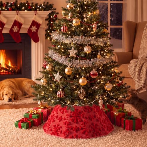 Soulchen 30 Inch Christmas Tree Collar Red Snowflake Tree Skirt Ring Jacquard Velvet Foldable Christmas Base Cover for Xmas Base Stand Cover Holiday Party Indoor Home Decorations - Image 4