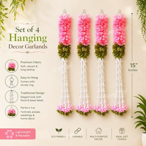 Divyakosh Hanging Gajra Set of 4 | Small 15 Inch Pink-Green Fabric Floral Wall Hangings | Temple & Pooja Room Decoration Items | Backdrop Decor for Festivals & Diwali - Image 2