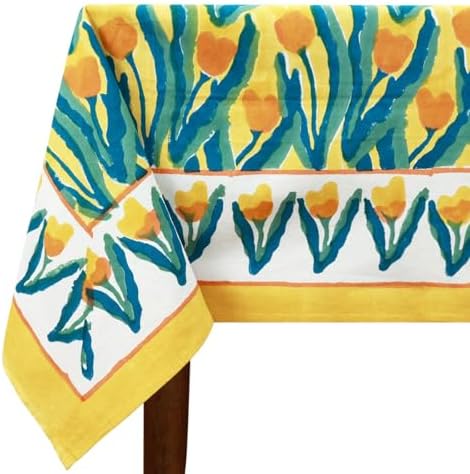 72x72 Inches Square Hand Block Printed Cotton Tablecloth, Yellow Blue Floral Table Cloths Washable, Indian Table Linen for Halloween Christmas Outdoor Thanksgiving Gifts Home Decor Dinning Outdoor by HomeSpunCrafts