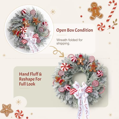 Winter Christmas Wreath Candy Cane Gingerbread for Front Door, 18" Christmas Red White Xmas Indoor Outdoor Wreath, Holiday Wreaths for Window Wall - Image 3