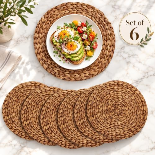 Brown Woven Placemats Round Set of 6, Natural Water Hyacinth Placemats for Dining Table, for Kitchen, Home Decor, Heat Resistant Non-Slip (14") - Image 3