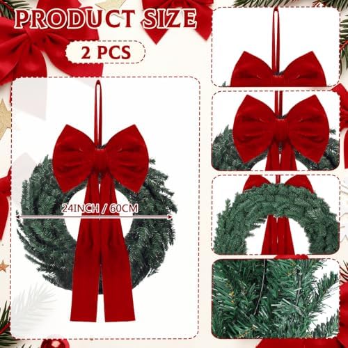 Hotop 2 Pcs 24 Inch Outdoor Christmas Wreath with Large Red Velvet Bow - Image 2