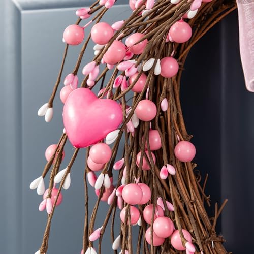 Glitzhome Valentine's Day Wreath 17" Heart Shaped Wreath with Pink Berry and Heart for Front Door Artificial Wreaths for Wedding Festival Anniversary Decor - Image 6