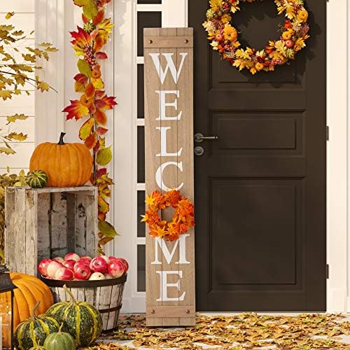 Glitzhome 60”H Welcome Sign with 4 Interchangeable Floral Wreaths for Front Door Porch Farmhouse Wooden Hanging Wall Sign for Seasons Spring Fall Harvest Thanksgiving Christmas - Image 6