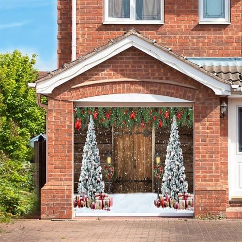 7x8ft Christmas Garage Door Decorations Christmas Barn Xmas Tree Christmas Ball Snowflake Garage Backdrop for Xmas Eve Holiday Outdoor Wall Decor Winter Holiday Background Sign for Garage Door - Image 2