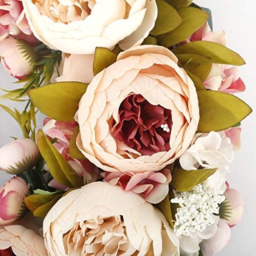 BOMAROLAN Artificial Peony Flower Wreath 19Inch Vintage Blooming Silk Peonies Spring Summer Fall Winter Large Wreaths Flower Green Leaves for Outdoor Front Door Indoor Wedding Wall Or Window Décor - Image 5