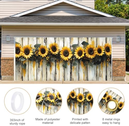 ANNA QUEEN Sunflower Garland Garage Door Banner 6 x 13FT, Rustic Sunflowers with Wooden Fence, Outdoor Spring and Summer Decoration for Garden Parties Home Decor - Image 4