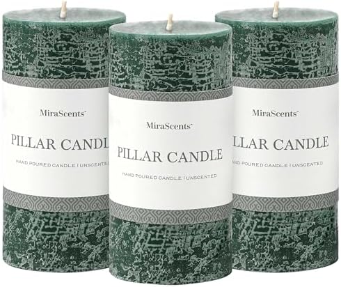 3x6 Inch Dark Green Pillar Candles Set of 3 - Hand-Poured Unscented Candles, Long Clean Burning, Dusty Sage Candle, Smokeless Dripless Candle for Dinner Table, Wedding, Home, Rustic Decor by MiraScents