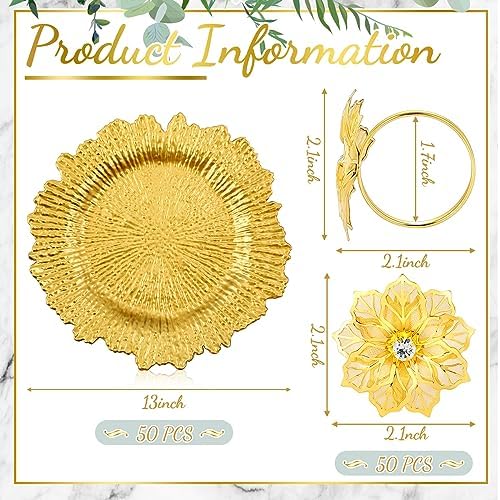 Dandat 100 Pcs Charger Plate Bulk 13'' Floral Reef Plates with Napkin Ring 50 Plastic Dinner Charger Plate 50 Flower Napkin Holder for Table Setting Wedding Party (Gold) - Image 2