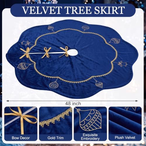 Blueweenly Navy Blue Velvet Christmas Tree Skirt 48 in Vintage Tree Skirt - Image 2
