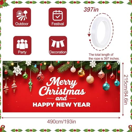 16x7Ft Dual Holiday Garage Door Banner - Happy New Year on Red Background with Ornaments Large Backdrop cover,Outdoor/Indoor Decor for Party Home - Image 4