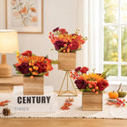 Dining Table Centerpiece Set of 3 - Fall Centerpieces for Tables with Wooden Vase - Boho Fake Rose Bouquets Floral Arrangements Small Faux Silk for Wedding Party Bathroom Home Décor, Orange - Image 3