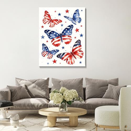 July 4th Patriotic Canvas Wall Art 4th of July USA Decorations American Flag Stars Butterfly Picture Wall Decor Independence Day Home Decor 16x24in - Image 2