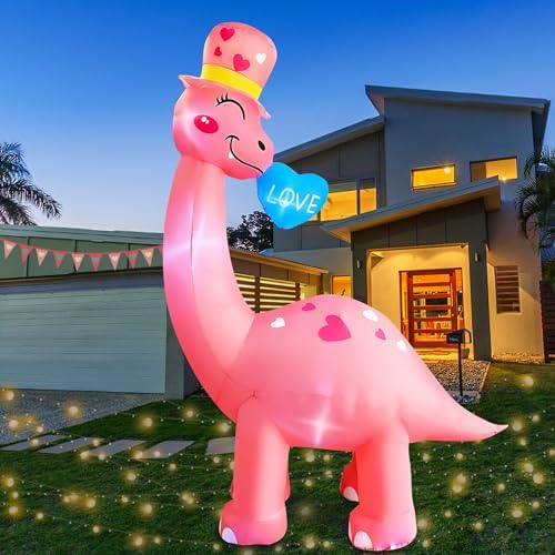 BLOWOUT FUN 8 Ft Valentine's Day Inflatable Dinosaur Light Up Decoration Blow Up Brachiosaurus for Birthday Wedding Anniversary Party Decor - Image 3