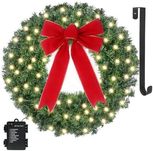 24" Prelit Christmas Wreath with Lights - 50 LED with Timer, 8 Lighting Modes, Waterproof Battery Operated Lighted Door Wreath - Including Wreath Hanger and Red Bow for Christmas Outdoor Decorations by GameXcel