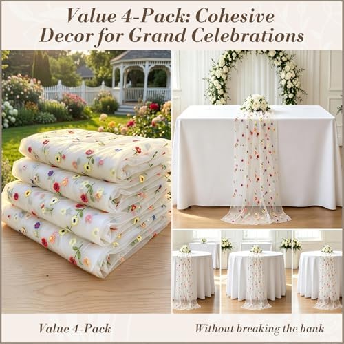 White Floral Table Runner ,4Pack 10ft Embroidered Flower Tulle for Wedding Reception, Boho Wildflower Daisy Table Decor for Spring Party - Image 2