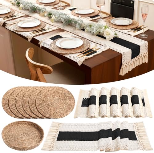 Boho Table Runner and Placemats Set, 6 Sets, Black A, 12x72 by Gandeer