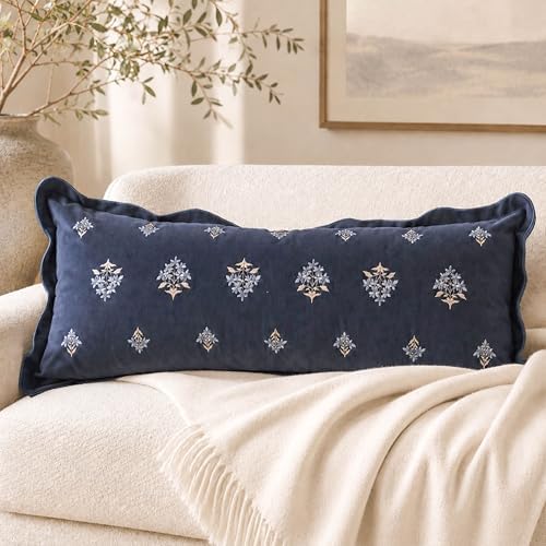 BlissBlush Long Lumbar Pillow Cover 14x36 for Bed, Navy Blue Velvet Decorative Lumbar Pillow Cover, Floral Accent Cushion Cover with Embroidery and Scalloped Edge for Couch Sofa Bed, Cover ONLY by BlissBlush