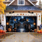 Halloween Garage Door Banner 16x7 ft Outdoor Spooky Haunted Castle Backdrop Cover Large Cemetery Gravestone Pumpkin Jack-O-Lantern Full Moon Bats Skulls Holiday House Wall Party Decorations - Image 6