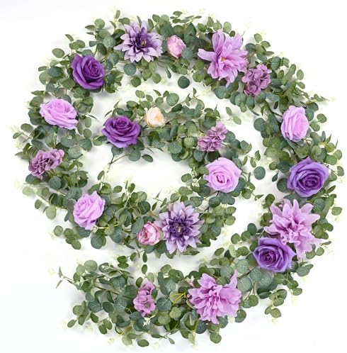 Waipfaru 8.85Ft Flower Garland, Eucalyptus Greenery Garland with Flowers, Rose Floral Vines for Wedding Table Runner Spring Summer Backdrop Decor (Purple) by Waipfaru