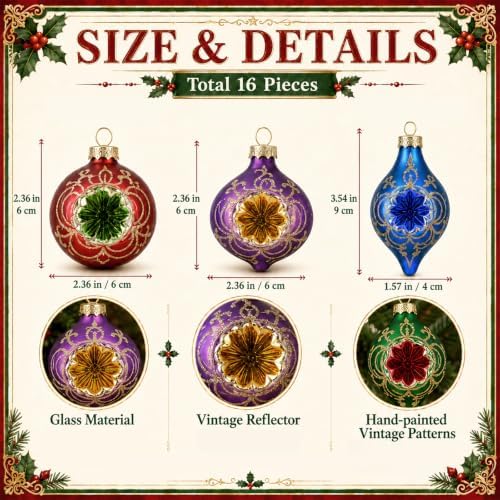 16 Pcs Vintage Glass Christmas Ornament Reflector Decor, Retro - Image 3