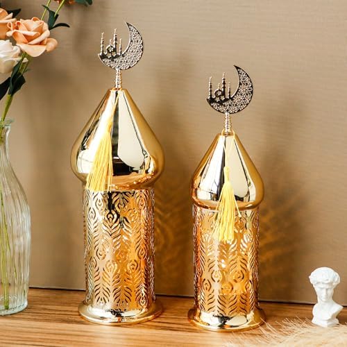TRIROCKS Ramadan Lanterns Set of 2 14" &12" Gold Electric Candle Holders with Timer, Metal Decorative Vintage Lanterns for Indoor/Outdoor Decor, Perfect EID Mubarak Gift - Image 6
