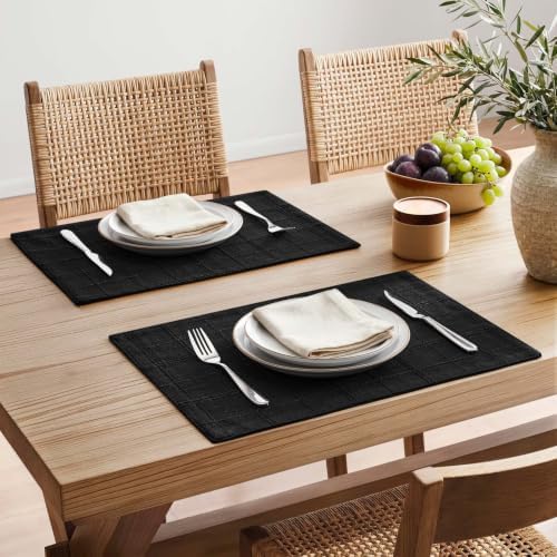 ZeeMart Linen Checked Farmhouse Placemats Set of 6, Black 13x19in - Image 2